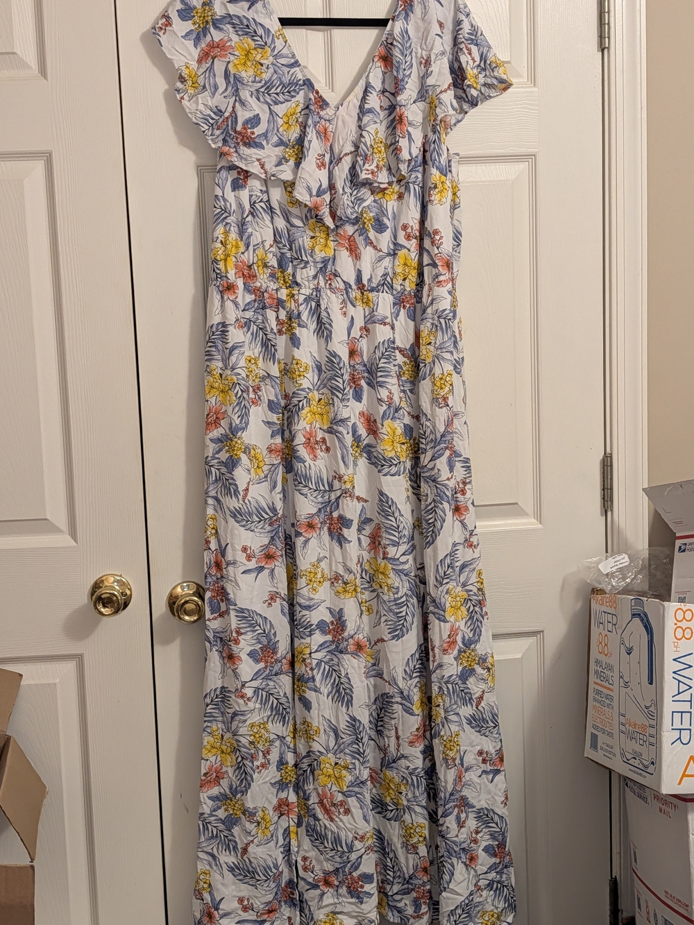 Kiyonna White Maxi Dress with Yellow & Blue Floral Print EUC